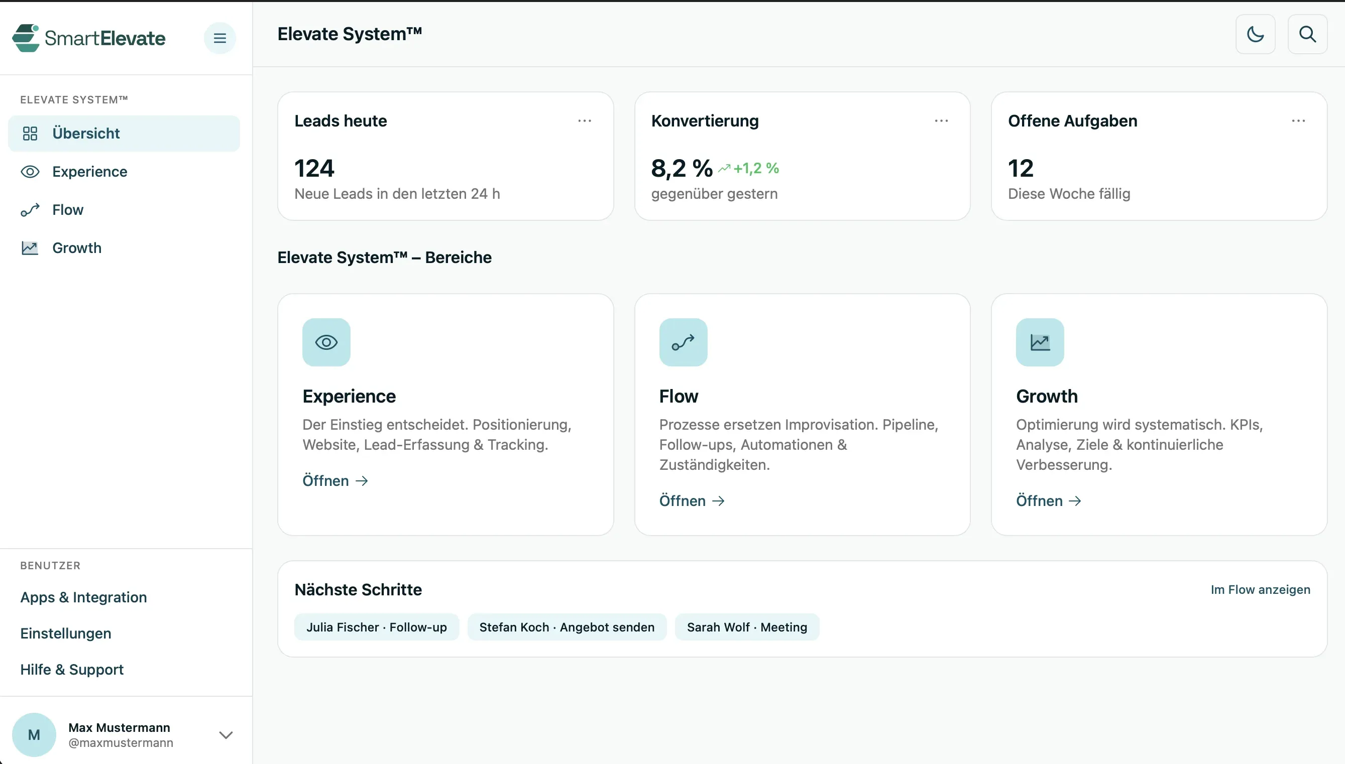 Elevate System™ Dashboard – Übersicht, Experience, Flow und Growth
